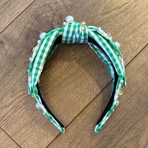 Green Gingham Headband with Pearls
